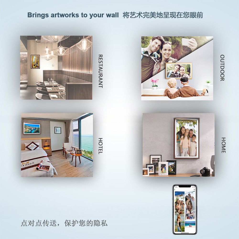 UHD 65" inch Large LCD LED digital video photo frame with Wood frame for NFT advertising display with wooden frame monitor