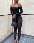 Clothing Manufacturer Low Moq One Shoulder Sexy Transparent Skinny Mesh Jumpsuit