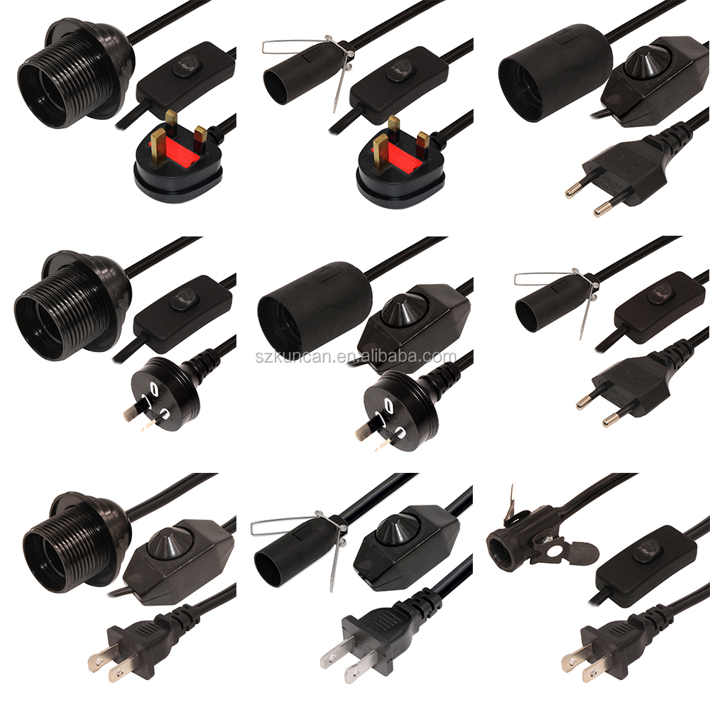 European CEE7/16 2 Pin Power Cable Kema Keur Cord Eu 2-prong pendant lights E27 Lamp Holder With on/off Switch