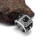 Vintage Inlay Mens Gothic Stainless Steel Band Ring with Black Cubic Zircon