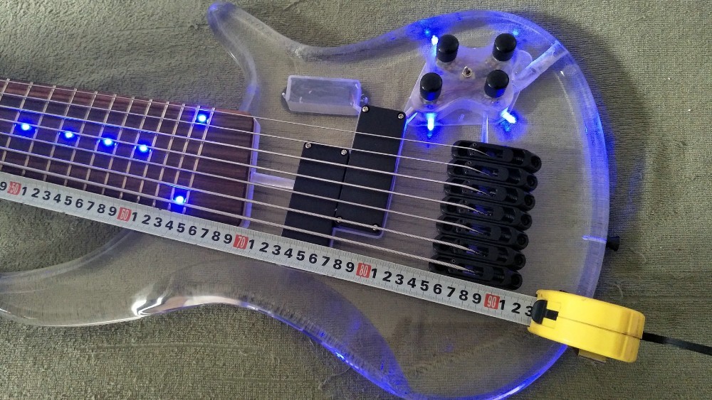 7 Strings Bass Guitar Limited Edition Clear Acrylic Body Rosewood fingerboard inlay Blue LED lamp Electric Bass Guitar