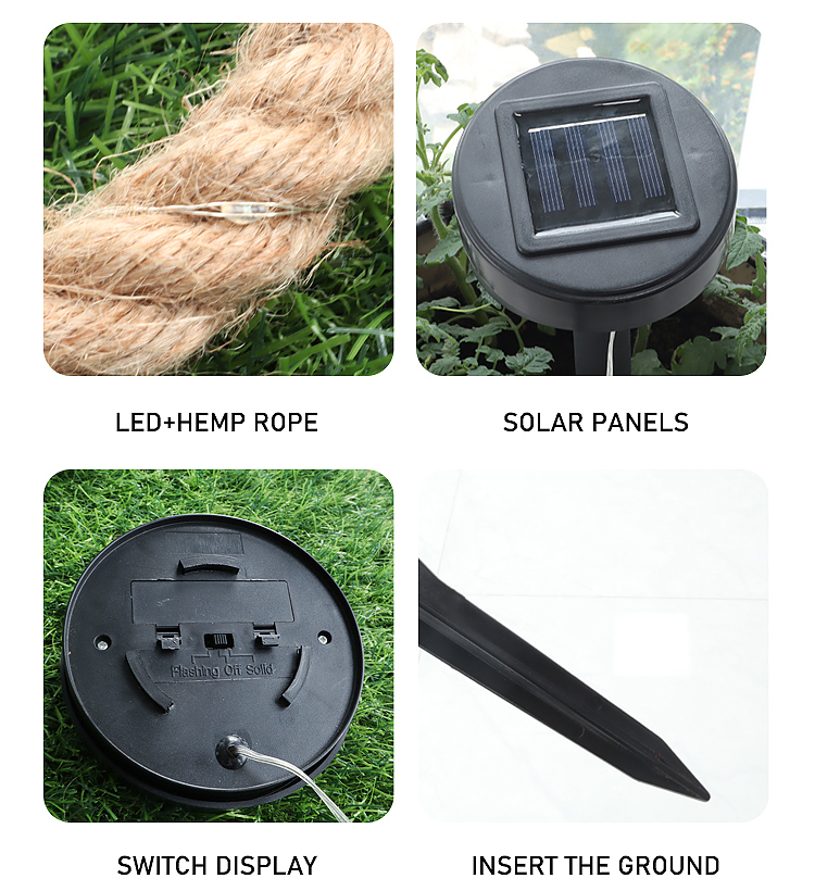 Outdoor IP44 Waterproof LED Holiday Lights 60 LEDs Hemp Solar Fairy Rope Lights