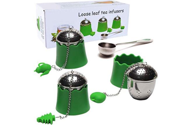 Stainless Steel Tea Infuser With Silicone Tray And Metal Chain Plus Apple