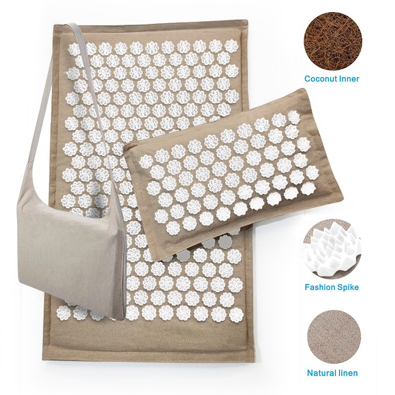 Organic Linen Acupressure Mat Yoga Meditation Mat With Pillow Increase Blood Flow Neck Back Pain Relief