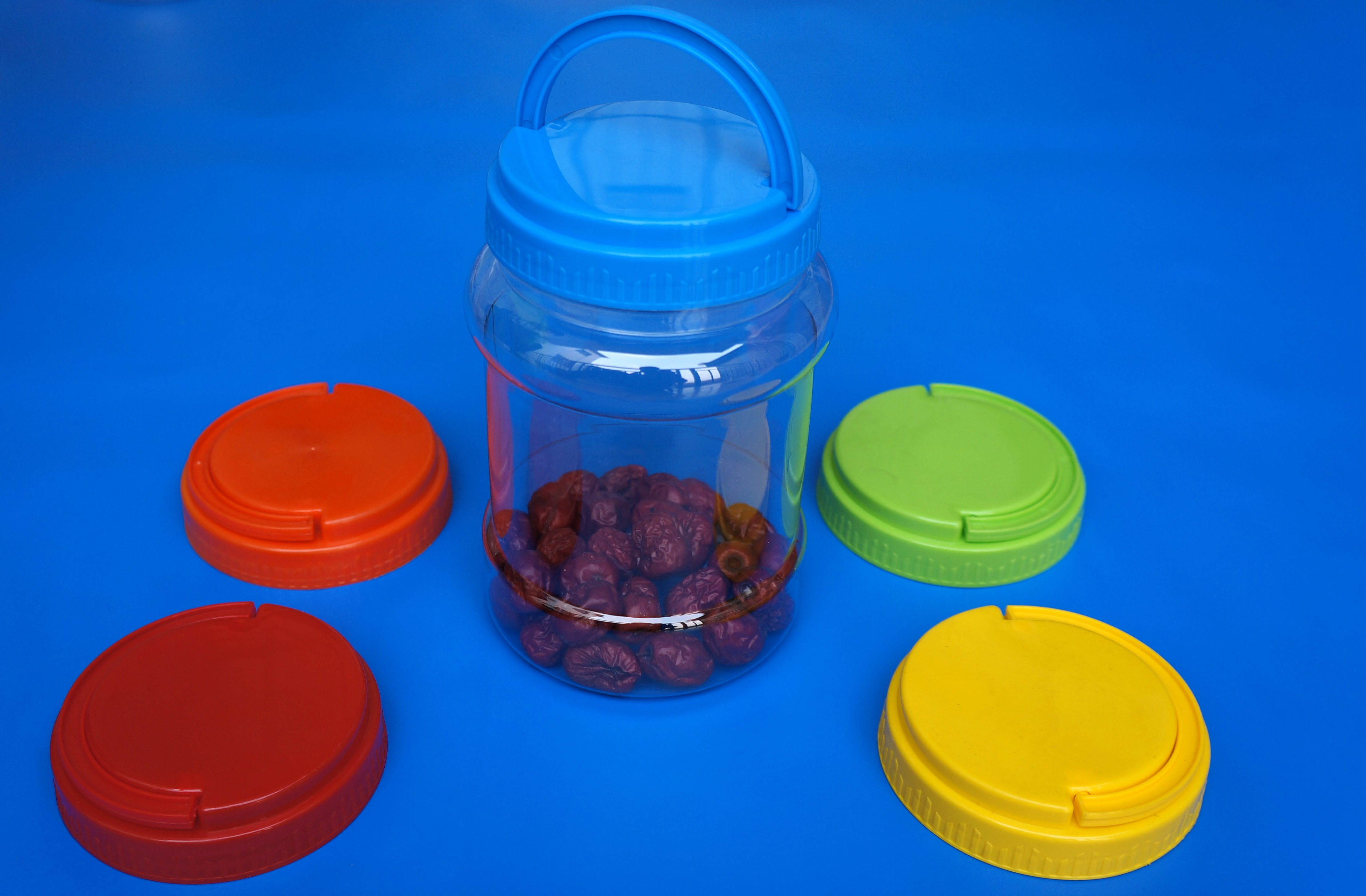 Round Shape PET Airtight Plastic Jars Colorful Cover Water Resistance