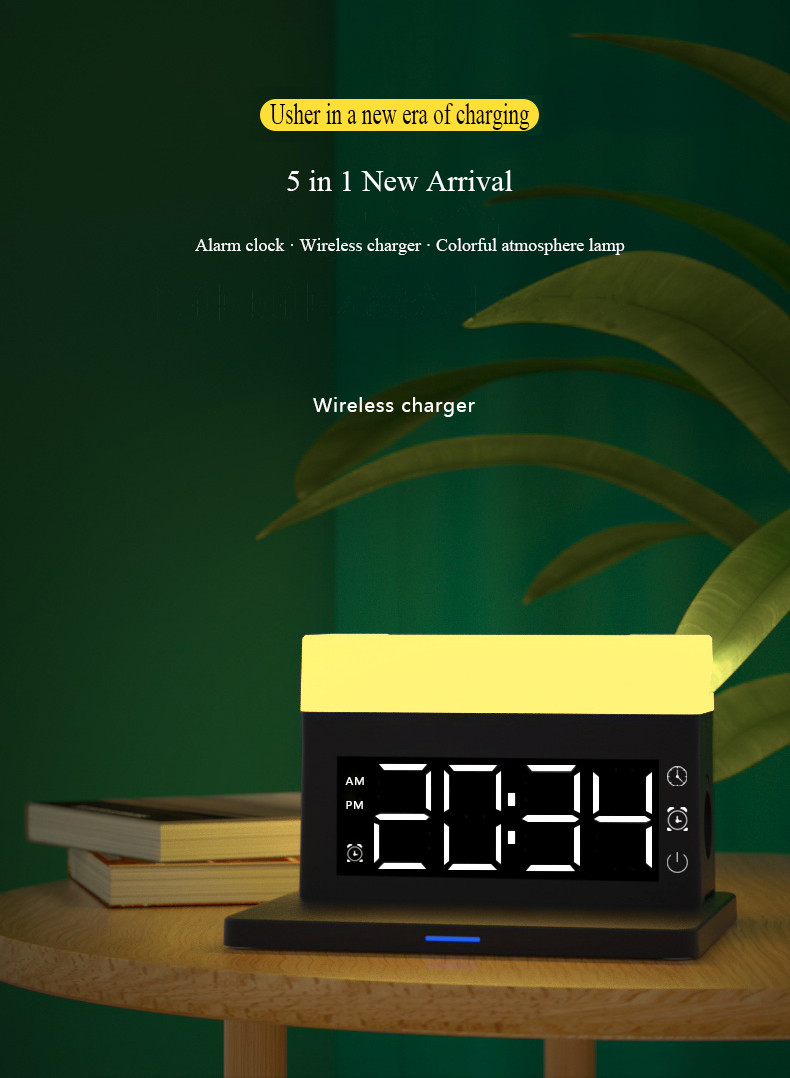 Black Protection Wireless Charger Modern Digital Clock Table Desk Night Lamp 3 In 1 Led Desk Lamp With Wireless Charger