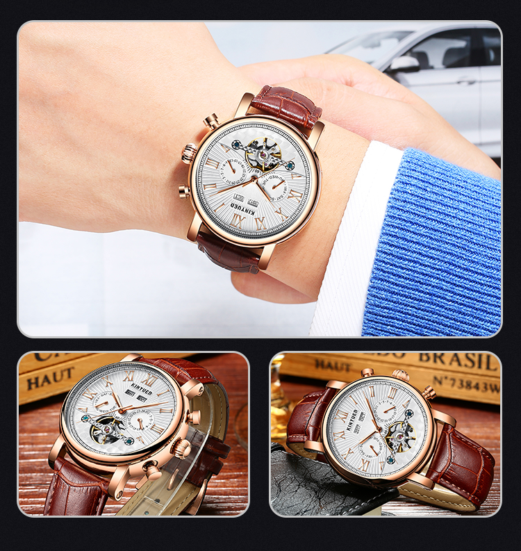 KINYUED J022-2 Minimalist Gold Case Leather Strap Watches Complete Calendar Automatic Mechanical Waterproof Montre Homme