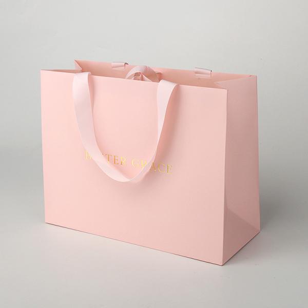 200gsm Paper Custom Made Shopping Bags Pink Paper Retail Bags With Ribbon Handle