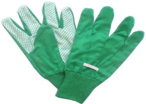 Quality Cotton / Poly Garden Working Glovs With Knit Wrist &amp; Green Pvc Dots On Palm wholesale