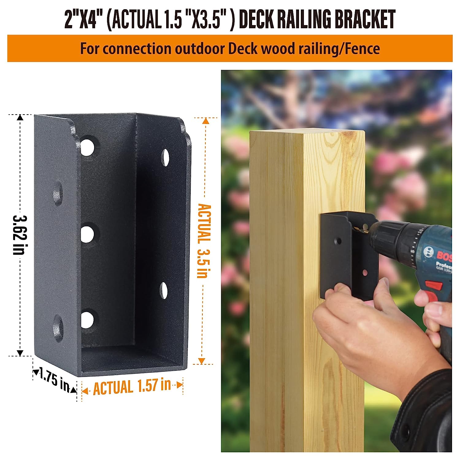 Steel Deck Railing Brackets Connectors for 2"x4" (Actual 1.5"x3.5") Railing Wood Post (Black)