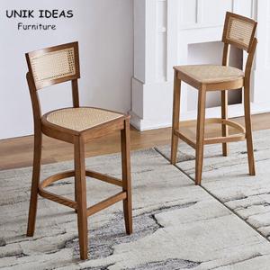 Quality Solid Wooden Cafe Bar Stools Rattan Backrest Minimalist Counter Stools Art Style wholesale