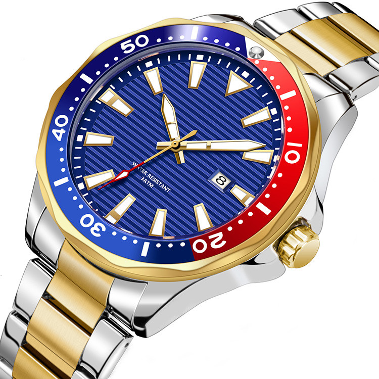 OEM Mens Stainless Steel Quartz Watch Gold Rotate Bezel Business