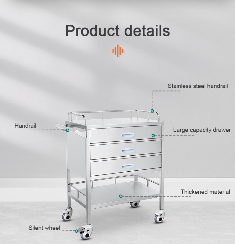 Hospital 3 Drawers Stainless Steel Medical Medicine Trolley