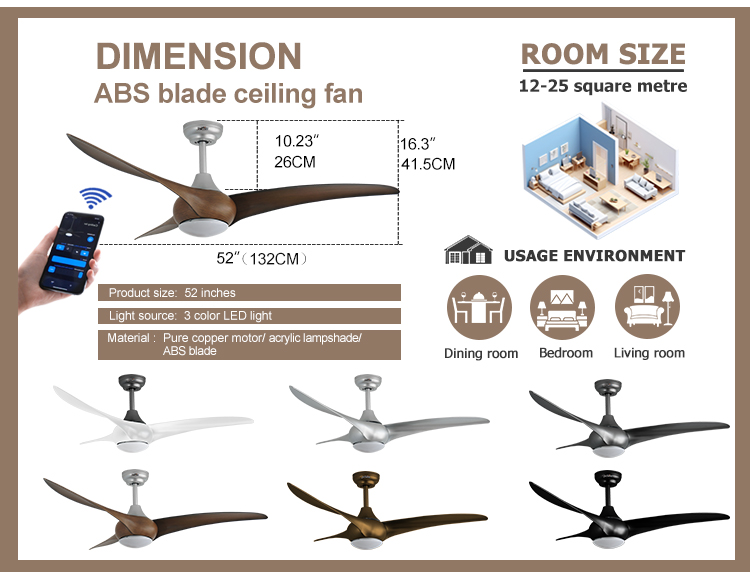 52 Inches Sliver ABS Blades Ceiling Fan with LED Light and Remote Control in Fancy Design