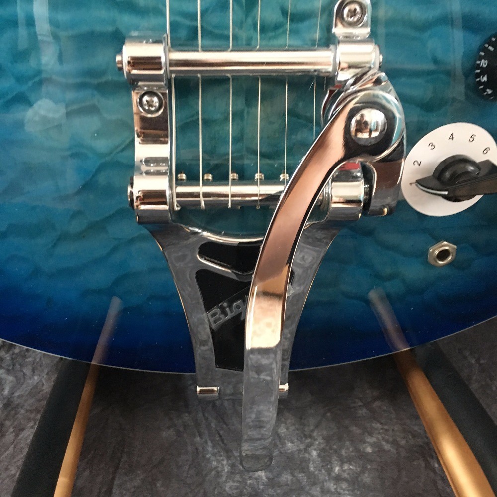 Semi hollow shell Archtop guitar Quilted maple trans-Blue with Bigsby