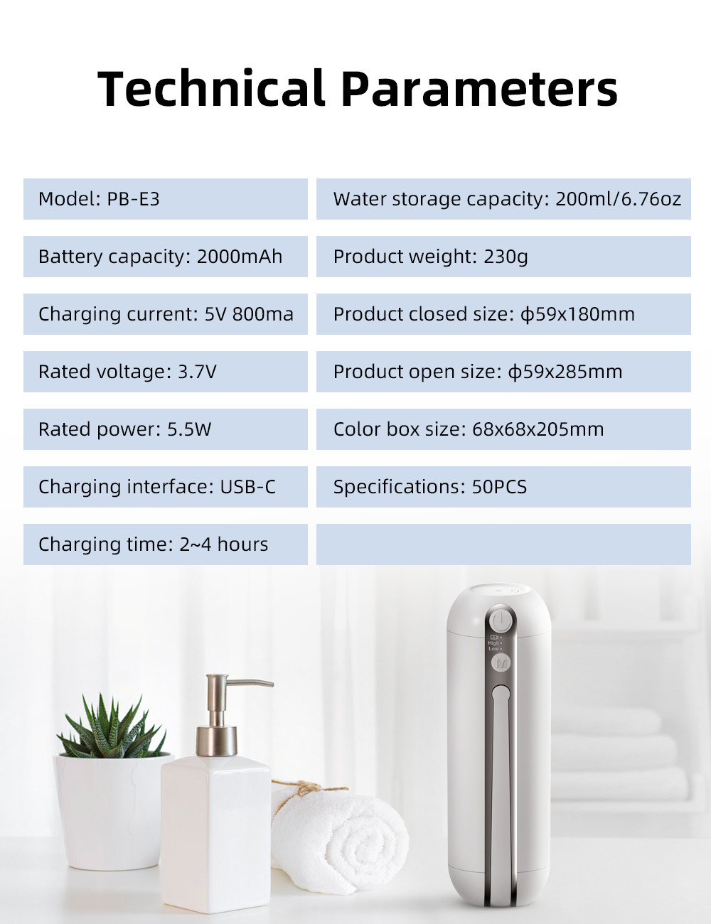 Compact 200ml Water Capacity Portable Electric Bidet 2000mah Battery Capacity 3 Hour Charging