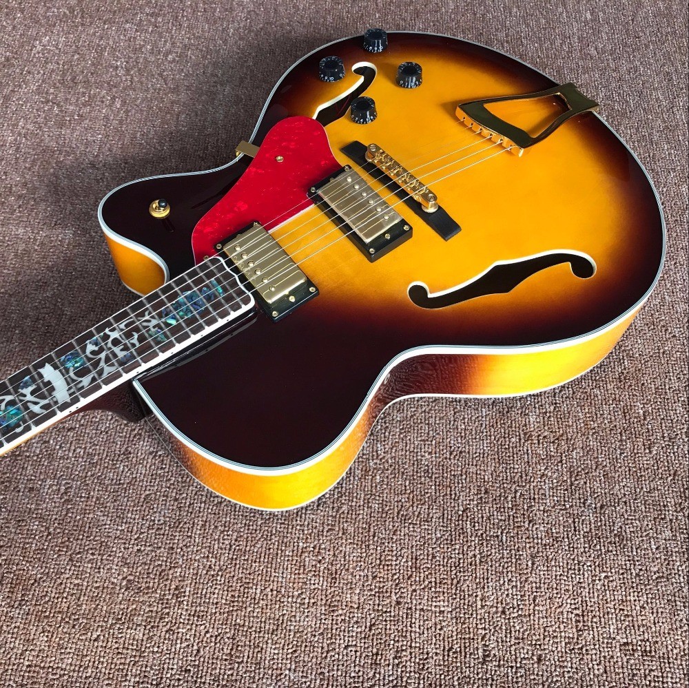 Double F hole OEM hollow body JAZZ electric guitar yellow maple top Jazz guitar free shipping