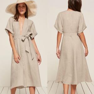 Quality Bohemian Clothing Women Kimono Style V neck Maxi Linen Dress wholesale