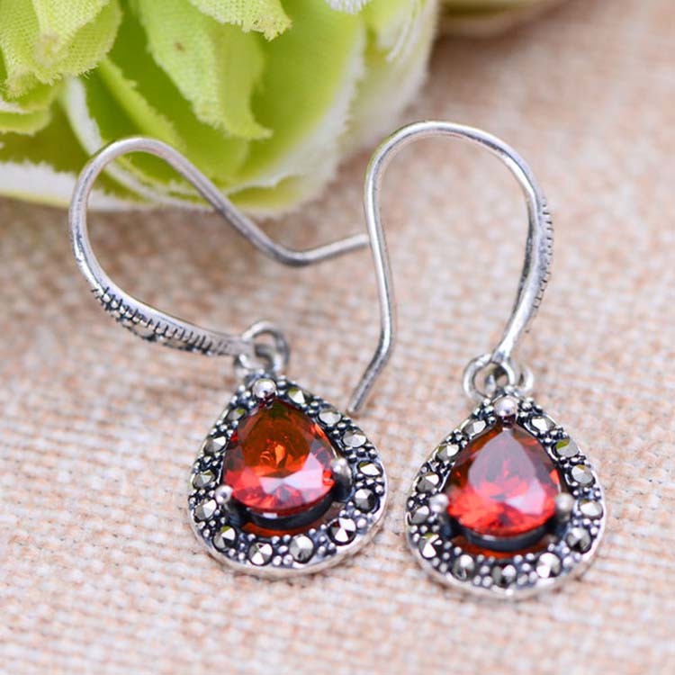 Sterling Silver Synthetic Garnet Marcasite Retro Drop Earrings(XH0305)
