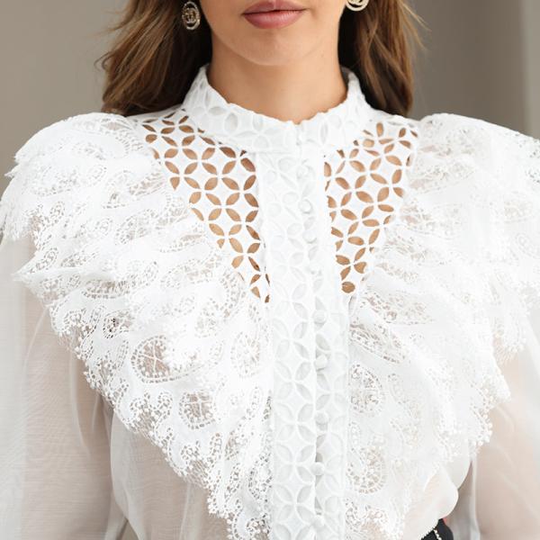 Eyelet And Ruffle Ladies Lace Tops Polyester White Lace Blouse Long Sleeve