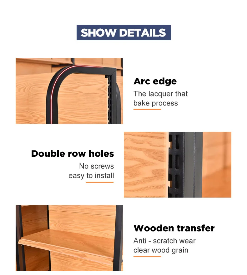 Heavy Duty Wood Gondola Shelving Supermarket Metallic Display Racks