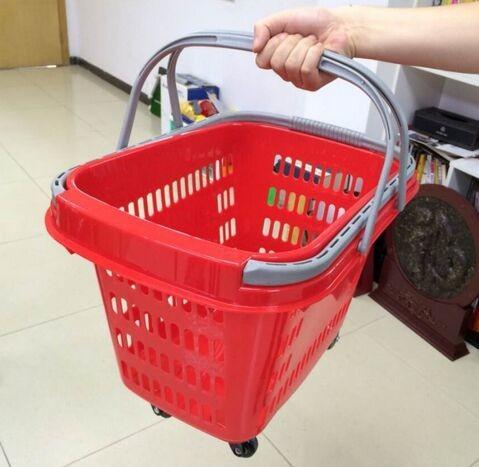 Red Rolling Plastic Shopping Trolley Basket / Portable Storage Basket With
