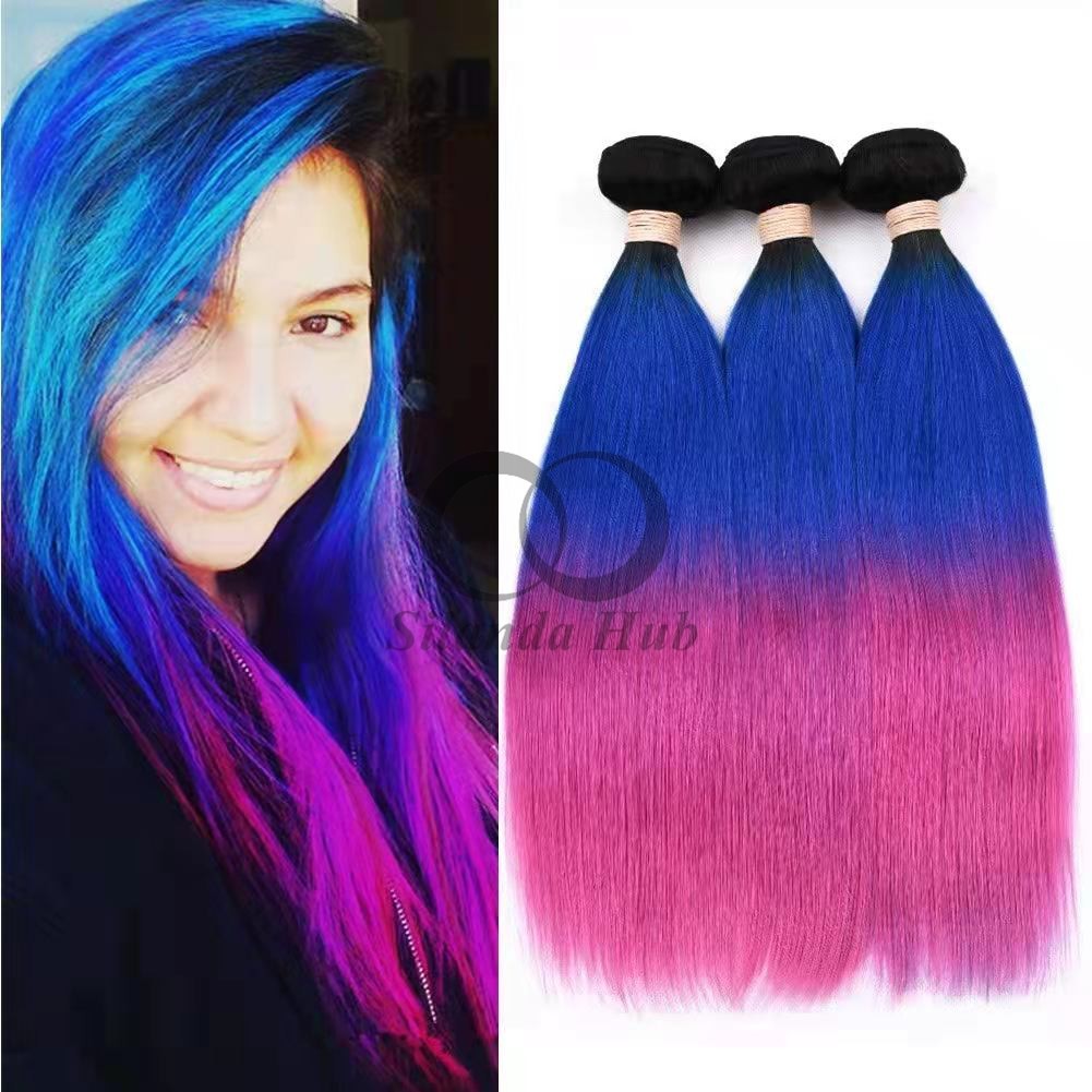 #T1B/Blue/Rose Red Straight Remy Human Hair Bundles Sew In Weave Bundles Brazilian Bundle Deals