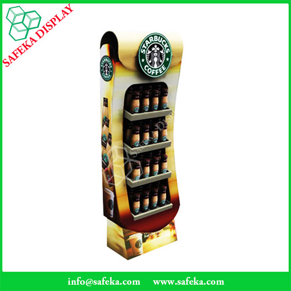 4 tier paper material paperboard bottle display shelf printed paper racking display stand for starbucks coffee