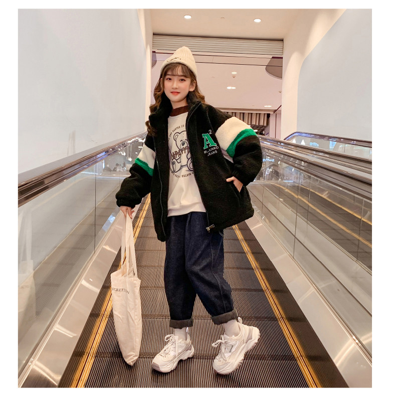 Girls Cotton Warm Embroidered Lamb Wool Padded Coat Windproof