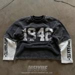 Custom Screen Print Logo Double Layer Waffle Long Sleeve Acid Wash Tshirt