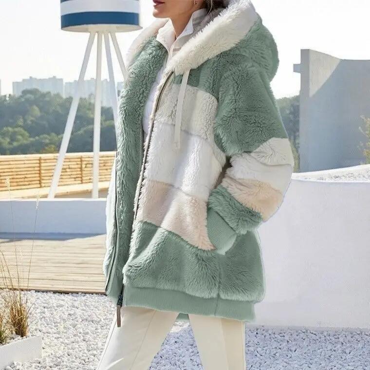 Winter Warm Women&prime;s Jacket Plush Patchwork Zipper Women&prime;s Coats Casual Hooded Loose Jacket for Women