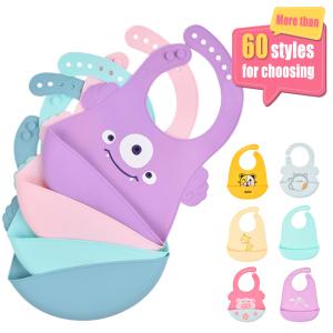 Quality Cartoon Silicone Feeding Bib Purple Rubber Bib With Pocket Waterproof wholesale
