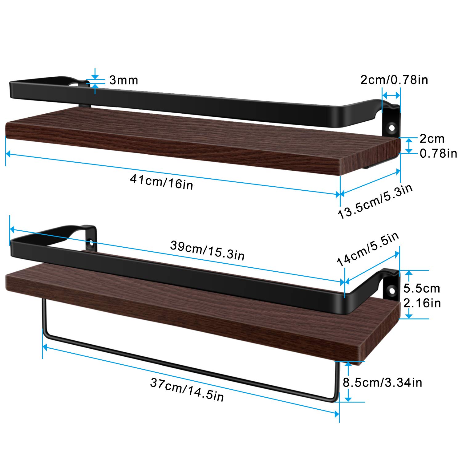 Powder Coated Decorative Storage Towel Rack Floating Shelf Brackets with Rails Set of 2 Torched Wood Rustic Floating Wall Shelves