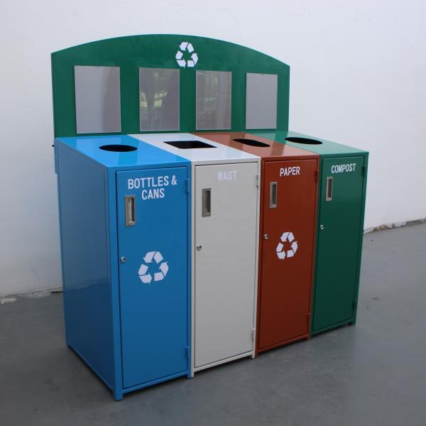Outdoor Steel Recycling 4 Compartment Trash Can With Galvanized Steel Liner