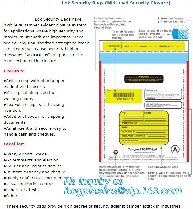 Opaque Tamper Evident Sealing Plastic Bank Money Steb Security Bag / Custom Self Adhesive Plastic Courier Bag, bagease