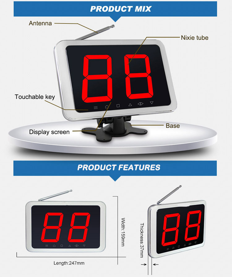 silver metal frame two digit led display restaurant waiter calling system