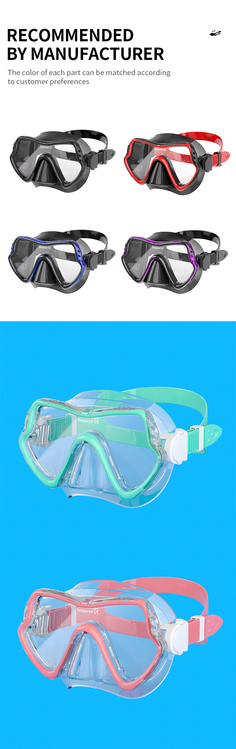 Tempered Glass Silicone Snorkeling Goggles Diving Mask Wide View For Underwater