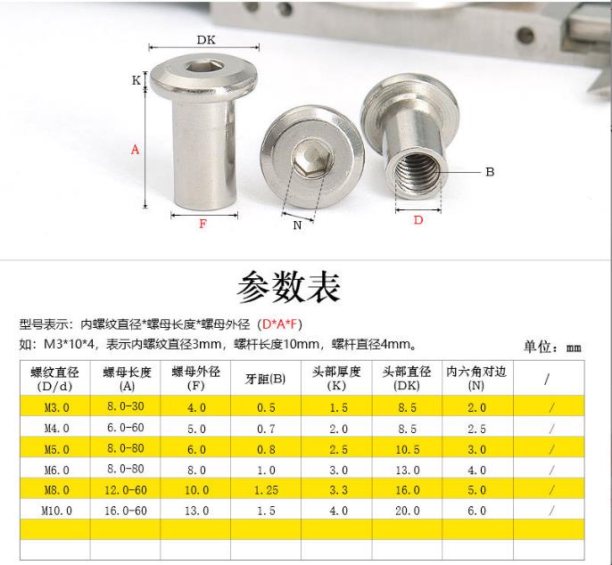 Metric Grade 8.8 A2-50 M6 Stainless Steel 304 Flat Hex Socket Head Male and Female Chicago Screws with Nut DIN Standard