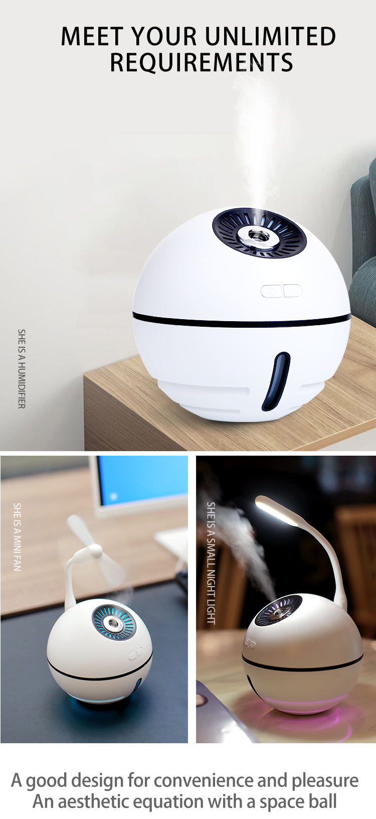 Two Colour Space Ball Home Ultrasonic Humidifier Changeable Colour LED Light Cool Mist