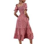 Floral Print Dresses Short Puff Sleeve Square Neck Shirred Detail MIDI Women