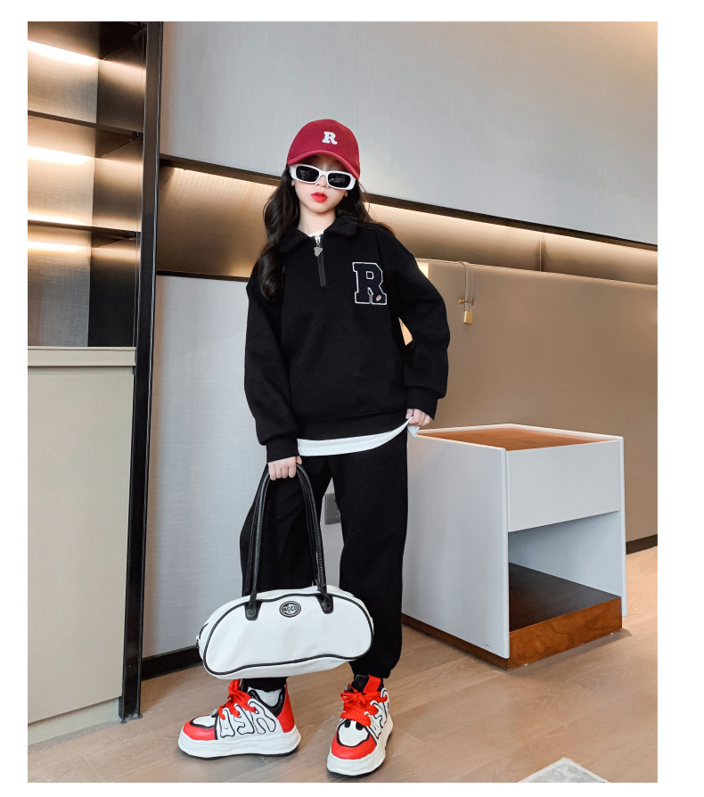 Children Half Zipper Sweatshirt Two Piece Suit Thickened Black 60% Cotton 40% Polyester
