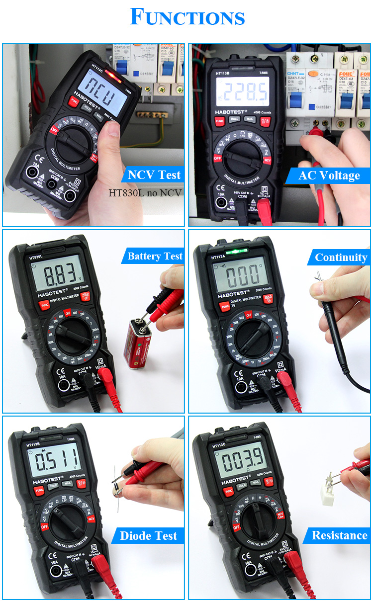 HT113 Small Digital Multimeter 600V 10A 20M ohm Manual Range 2000 Counts Resistance Mini Multimeter Digital with CE ROH