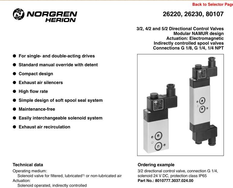 ORIGINAL NEW NORGREN Norgren solenoid valve 26220, 26230, 80107,2623077 NAMUR ,High flow rate