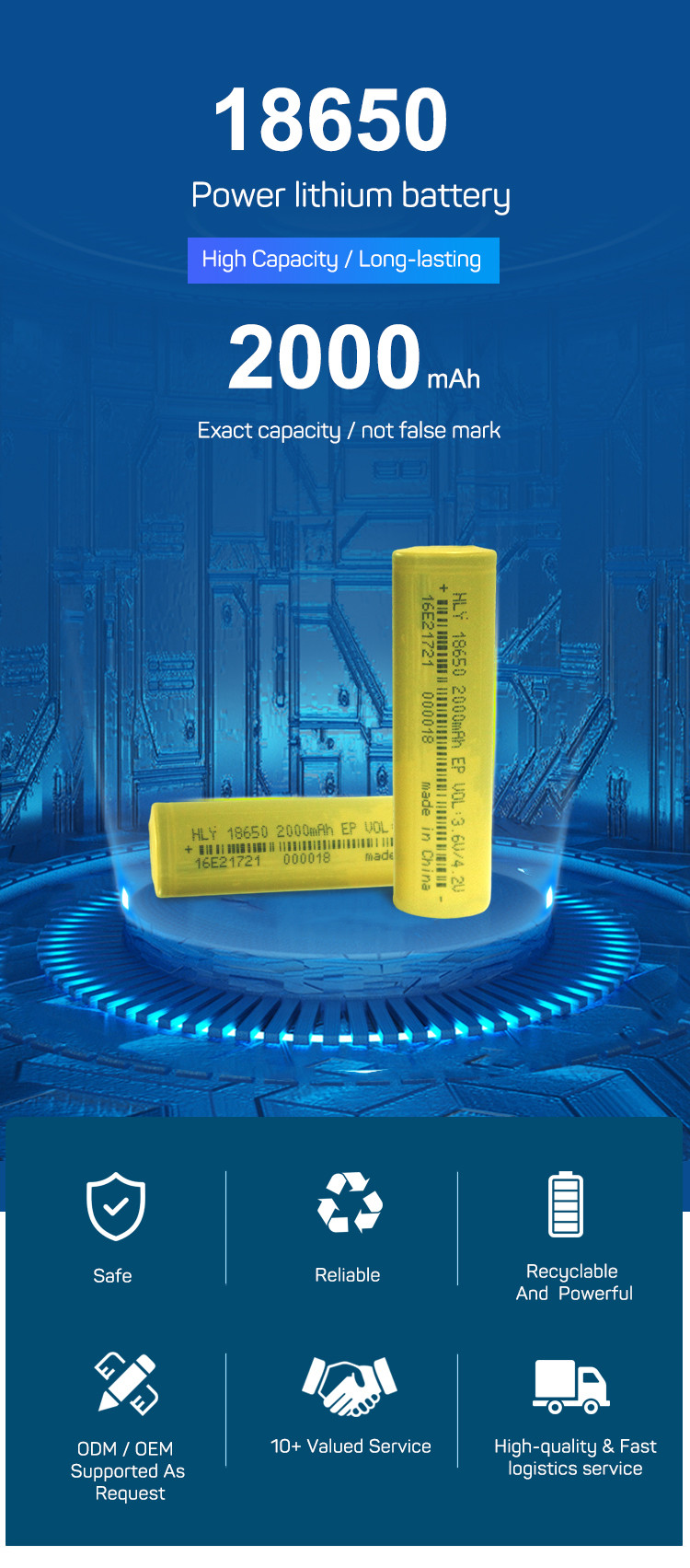 500 Times High Power Rechargeable 2000mah 18650 Battery Cells For Consumer Electronics