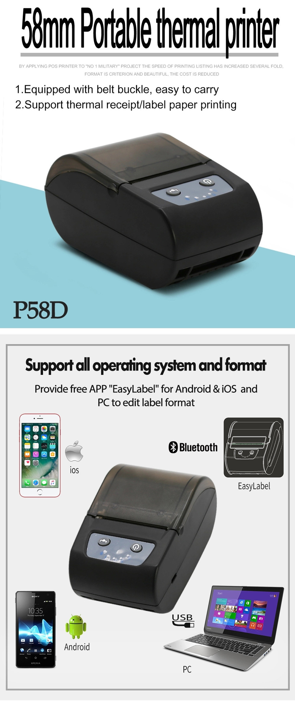 58mm Thermal barcode printer Qr code label printer receipt printer with bluetooth