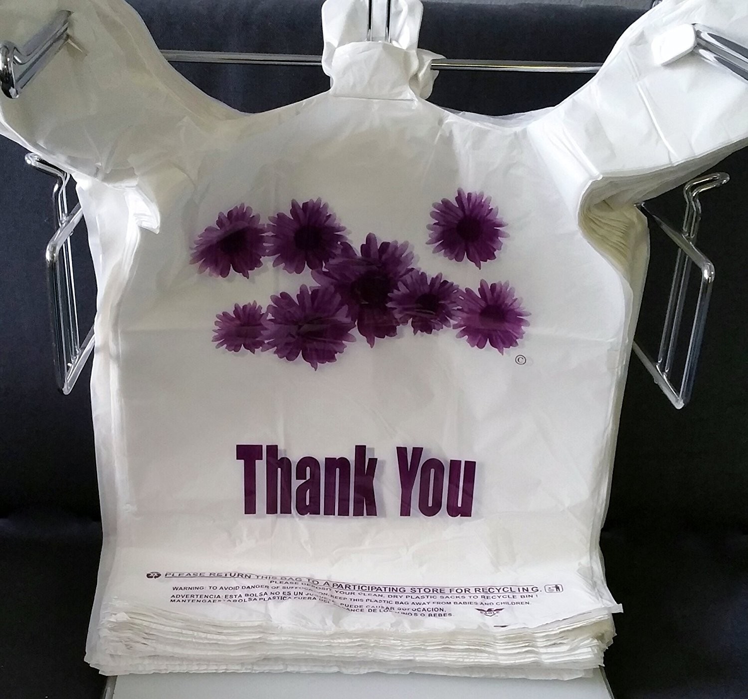 Purple Flower Thank You Plastic Shopping Bags - 500 pcs/case, white colour,LDPE material