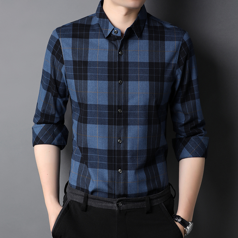 Knitted Broadcloth Plaid Shirts Polyester Viscose And Cotton Casual Shirt Long Sleeve For Man