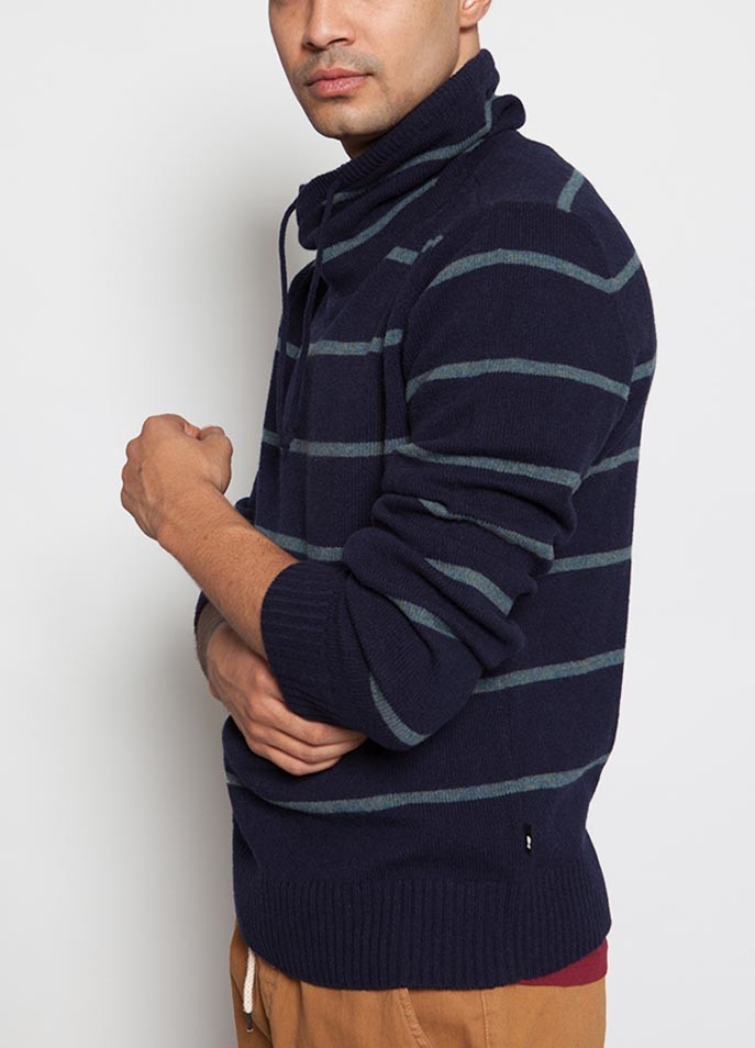Warm Striped Knit Pullover Sweater With Drawstring Full Lambswool Material