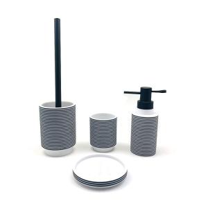 Quality 4 Pieces Polyresin Shower Accessories Countertop Toilet Brush Cleaner White Body Black Circle Line wholesale