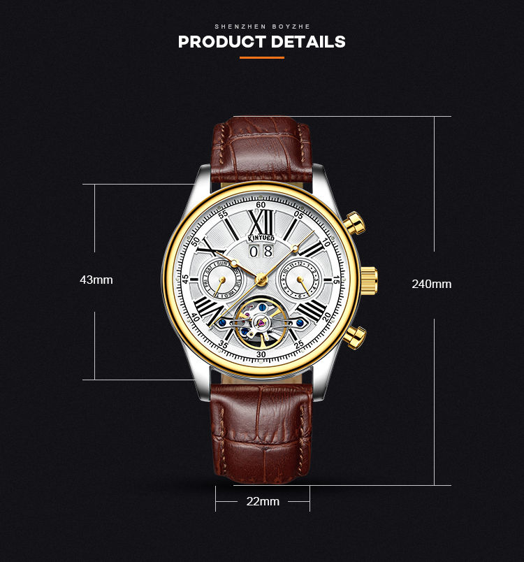 Brand KINYUED fashion mens wind up use hand water resistant tourbillon automatic watch